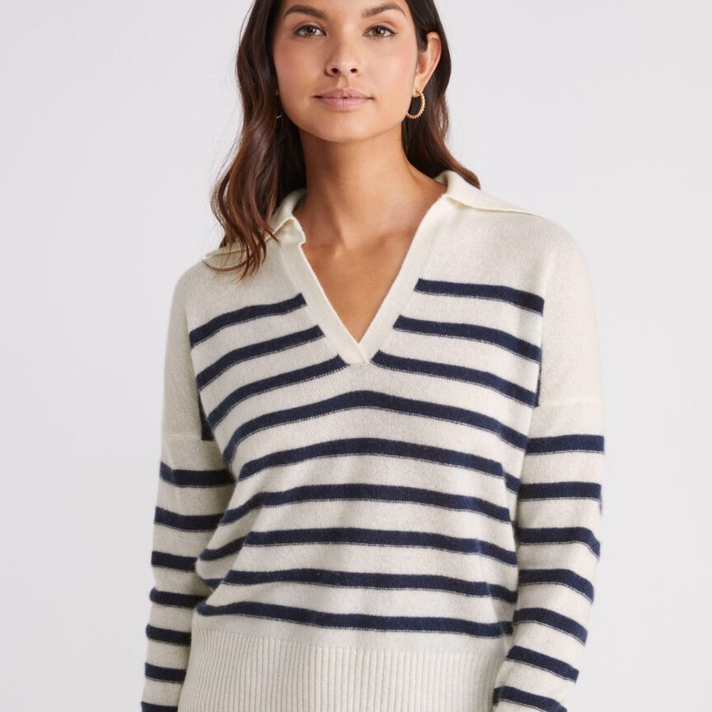Vineyard Vines Cream and Navy Striped Collared V-Neck Sweater - Picture 4 of 9